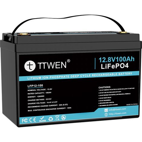 TTWEN Batterie LiFePO4 12,8 V 100 Ah avec application Bluetooth, 1280 Wh, BMS, bornes M8, 10,7 kg (1/4)