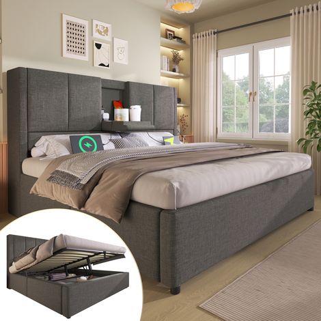 MEUBLIV Cama 140x200 cm gris con almacenaje hidráulico y carga USB, sin colchón (1/5)