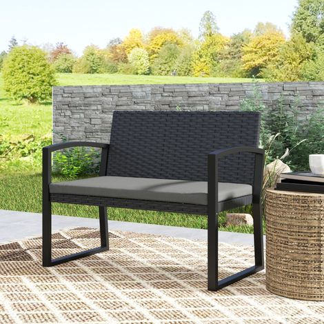Banc de jardin 2 places, banc d'extérieur en résine tressée PE avec coussin, acier galvanisé, 103x58x78cm, gris et noir (1/5)