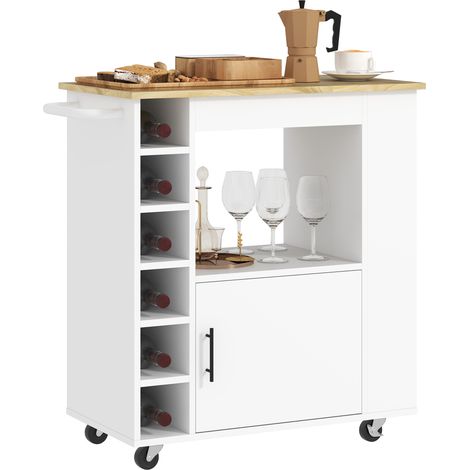 Chariot de cuisine avec compartiments, casiers à vin, placard et plan de travail, blanc