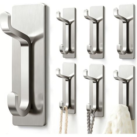 Porte-serviettes sans perçage : 6 crochets adhésifs extra-forts de 6 kg, crochets muraux autocollants pour salle de bain, crochets à serviettes et porte-manteaux, lot de 6, argent (1/5)