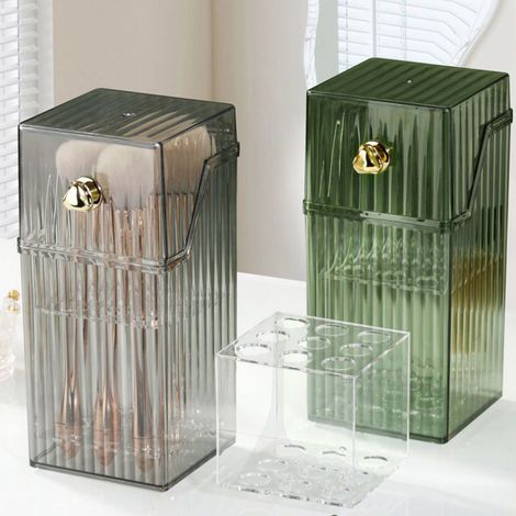 Boîte de rangement de luxe pour pinceaux de maquillage, boîte de rangement anti-poussière pour pinceaux à poudre, seau à cosmétiques de bureau pour crayons à sourcils, blush et coiffeuse, vert luxueux (1/5)