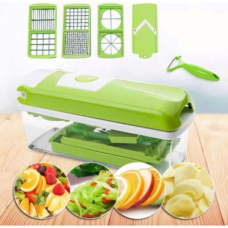 Hachoir multifonction 12 en 1, coupe-fruits et légumes, râpe, éplucheur, trancheuse, corps incassable de qualité alimentaire, nettoyage facile par simple pression sur un bouton