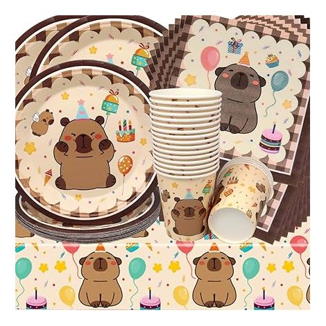 Vaisselle de Fête Capybara Anniversaire Vaisselle Papier Set Assiettes Papier Serviettes Tasses Fête Thème Baby Shower Décorations Anniversaire (1/5)