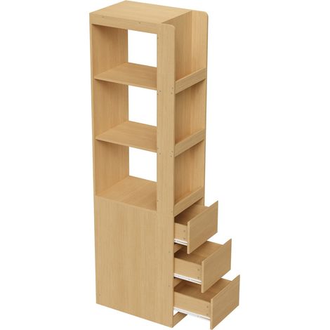 Schmales hohes Bücherregal 200 cm aus Spanplatte in Eicheoptik, 3 offene Fächer, 3 Schubladen (1/5)