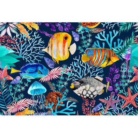 Papier peint panoramique poissons multicolore Tapisserie panoramique salle de bain Papier peint panoramique mer effet aquarelle (1/2)