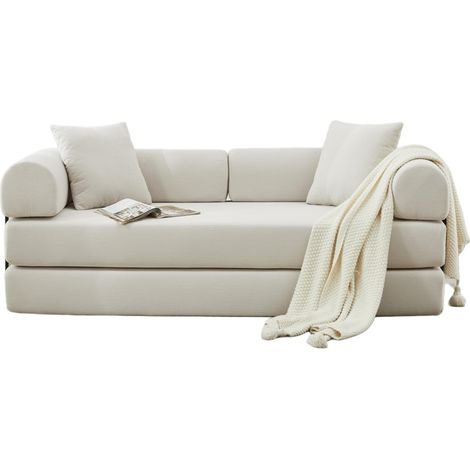 Sofá cama plegable de 2 plazas en pana blanca con 2 cojines HOMVRA (1/5)