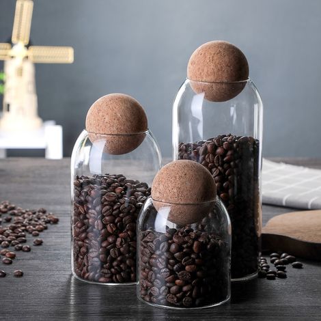 ensemble bocal de rangement sphérique Bocal à thé en verre Bocal minimaliste en liège Bocal à bonbons scellé Bocal de rangement Bocal à café Bocal de rangement pour aliments secs Récipient de rangemen (1/4)