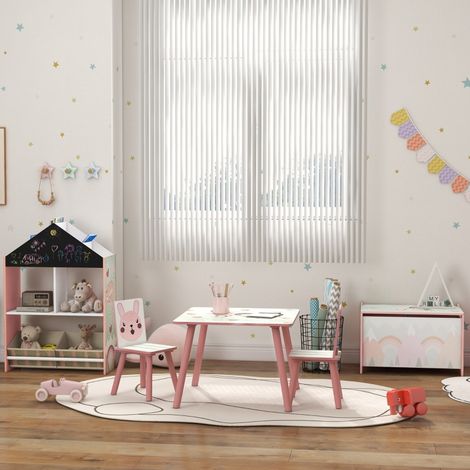 Conjunto de mesa y sillas para niños (60x60x44 cm), con estampado de animales, desmontable, madera de pino rosa (1/5)
