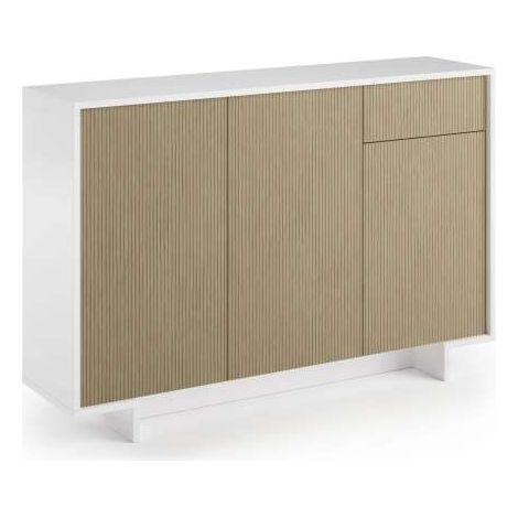Schlankes Sideboard mit 3 Türen, Schublade und drei Innenregalen in hellem Rippenweiß