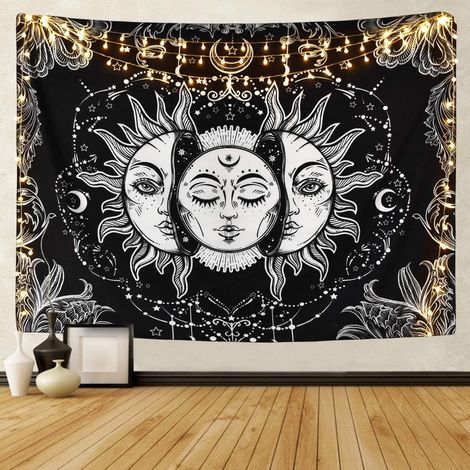 Tapiz psicodélico de sol y luna, tapiz en blanco y negro para la decoración de dormitorio/estudio (negro, 130 x 150 cm) (1/5)