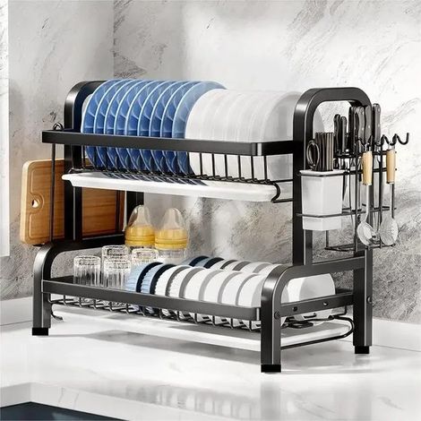 Égouttoir à Vaisselle 2 Niveaux Compact, Grand Rack Antirouille avec Support pour Ustensiles, Plateau de Drainage Inclus (1/3)