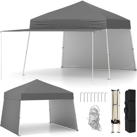 GOPLUS Tonnelle de Jardin Exterieur 430 x 280 x 254/264 CM, avec 2 Parois Latérales, Tente Pliante Montage Facile, Abri Solaire Extérieur avec Pieds Ajustables, 8 Piquets, 4 Cordes, Sac (Gris) (1/5)