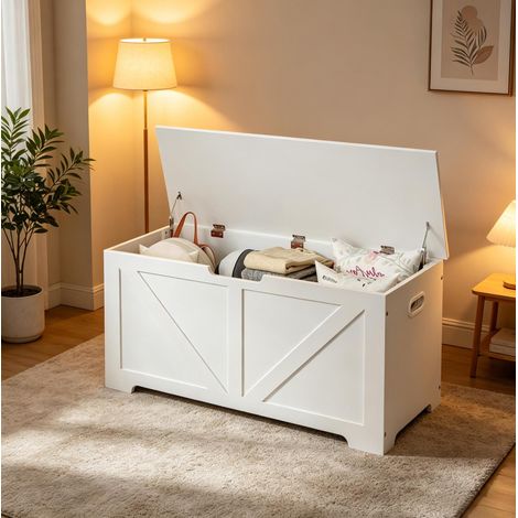 Banc coffre blanc 100 cm en bois composite avec couvercle rabattable (1/5)