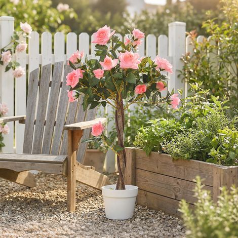 Plante Factice de Rose avec 21 Fleurs dans un Pot Rempli de Béton et de Mousse, Ø18x90 cm, Rose (1/5)