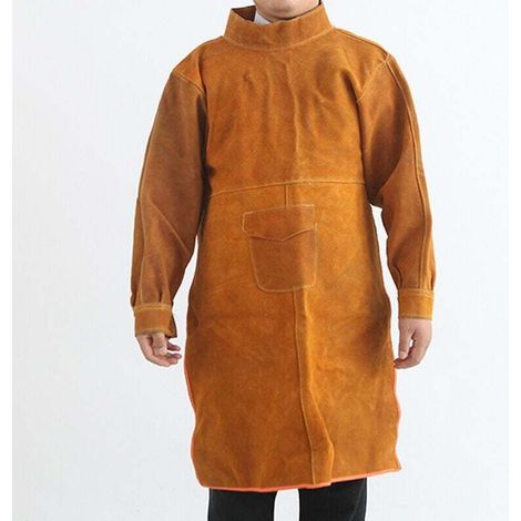 Tablier de travail de soudure en cuir ignifuge, résistant à l'usure, anti-brûlure vêtements de protection de soudure 130cm manches longues jaune (1/4)