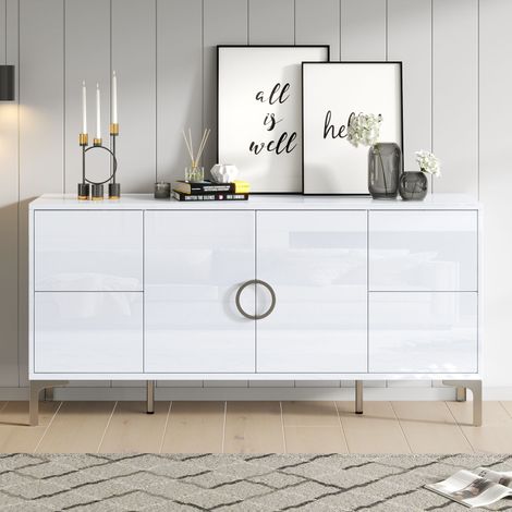 Salon, salle à manger ou entrée, buffet de rangement 150 cm blanc brillant avec 4 tiroirs sans poignées et 2 portes (1/5)
