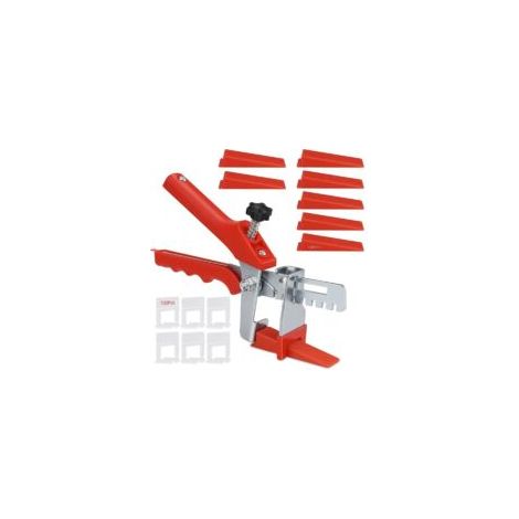 Fliesenverlegesystem mit 1 Zange + 100 Keilen + 100 Klammern (3 mm) - Crezuo Fliesenverlegeset, Werkzeuge zum Verlegen von Fliesen mit einer Stärke von 7-14 mm