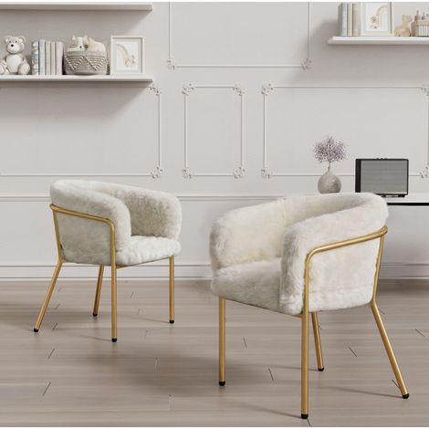 Chaise de salle à manger lot de 2, 57 x 57 x 77 cm, imitation fourrure blanche, pieds métal DESVIAE (1/5)
