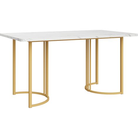 Table à manger rectangulaire 140x80 cm imitation marbre blanc doré, structure métallique, pieds réglables, table de cuisine moderne pour salle à manger salon bureau (1/5)