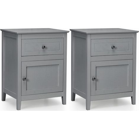 COSTWAY Set de 2 Mesita de Noche Moderna, Mesita con 2 Niveles y Superficie Espaciosa, Mesita a la Moda con Cajón Extraíble y Armario Amplio, Mueble de Sofá con Sólidas Patas de Madera (Gris) (1/5)