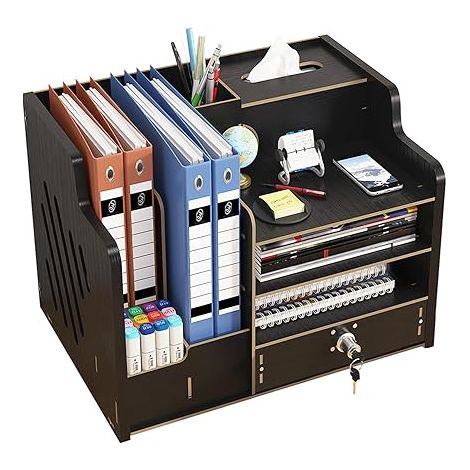 Organisateur de Bureau Bois, Grande Organiseur Bureau, Rangement Bureau Organisateur Pour Fournitures de Bureau Pour La Maison, Le Bureau et L'éCole(Noir) (1/4)