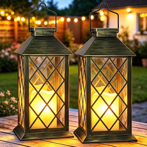 Lanterne Solaire Extérieure 34 cm avec Bougie LED, Verre Trempé, Étanche, Lot de 2 Lampe Décorative à Poser ou Suspendre au Jardin(Bronze) (1/5)