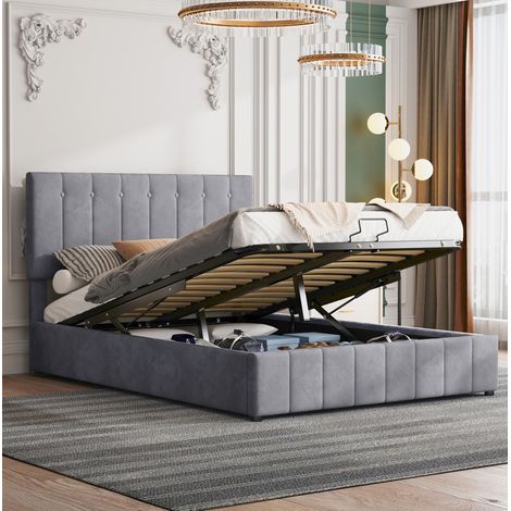 Lit coffre 140x200 velours gris tête réglable OKMYHOME (1/5)