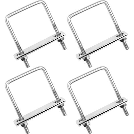 Lot de 4 boulons en U carrés M6 (80 x 50 mm) en acier inoxydable, avec 8 écrous et une plaque de fixation pour tuyauterie industrielle. (1/5)