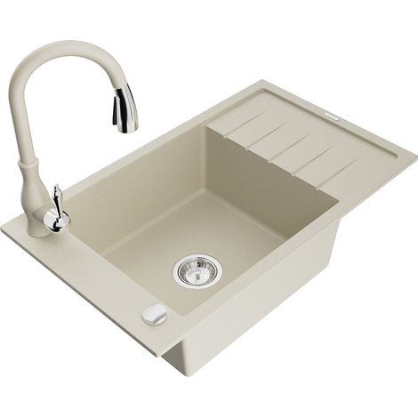 Mexen Elias lavello in granito 1-vasca con scolapiatti e miscelatore cucina Savita, beige - 6511-69-672601-69 (1/5)