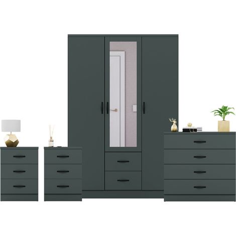 Riano 4 Piece Bedroom Set (3 Drw Bedside Chest, 4 Drw Chest, 3 Dr 2 Drw Mirrored Wardrobe), Green (1/3)