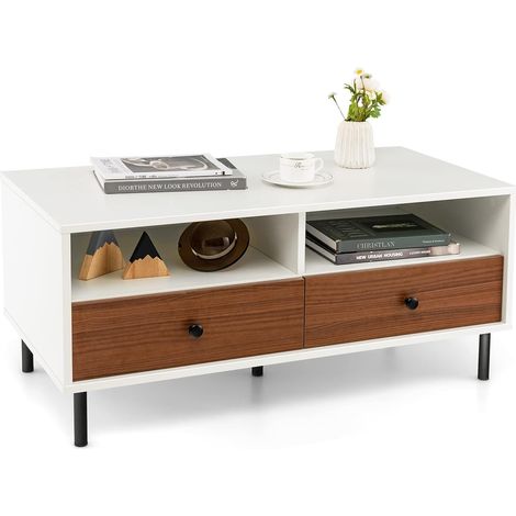 COSTWAY Table Basse 2 Tiroirs, Table Basse Salon avec 2 Compartiments, Table Rectangulaire Moderne, 4 Pieds en Métal Robustes, 95 x 48 x 45 cm (1/5)