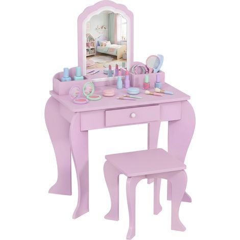 Coiffeuse pour enfant - ZONEKIZ - tabouret et miroir - tiroir et 2 compartiments - MDF et acrylique - 55x36x86cm - rose