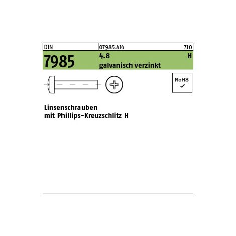 DIN 7985/ISO 7045 Linsenschraube VG M5x50 Stahl 4.8 galvanisch verzinkt PH 500 Stk