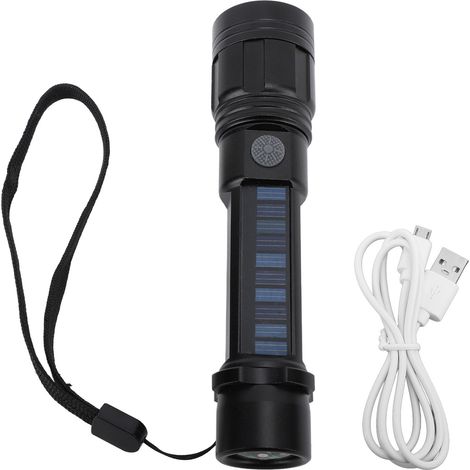 Lampe torche LED zoomable, 3 modes d'éclairage, chargement USB ou solaire, boussole intégrée. Lampe torche puissante idéale pour les aventures en plein air et le camping. (1/5)