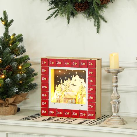 Calendario dell'Avvento a LED, decorazioni natalizie in legno, 24 cassetti da riempire, decorazione luminosa, rosso