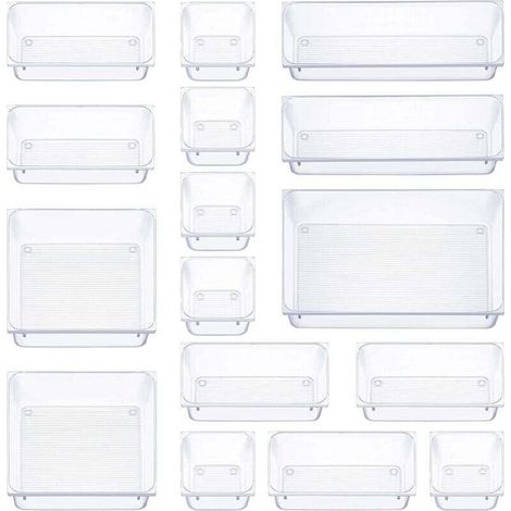 16 pièces organisateur tiroir, 5 tailles boite rangement tiroir, antidérapant organiseur maquillage, pour papeterie de bureau rangement, commode, salle de bain, cuisine (transparent)-DOU