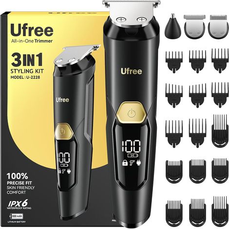 Kit de tondeuse à barbe 3 en 1 pour homme, rasoir électrique pour moustache, corps, nez, poils du visage, tondeuse à cheveux professionnelle, tondeuse rechargeable, étanche à l'eau, cadeau (1/5)