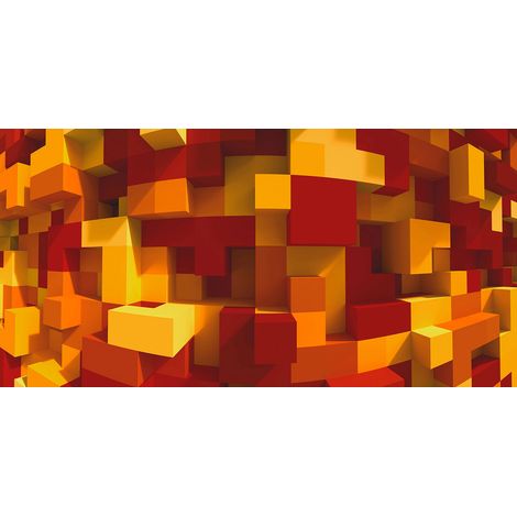 Papier peint panoramique géométrique rouge & orange | Tapisserie panoramique cube chambre ado | Papier peint panoramique 3D original chambre enfant - 250 x 500 cm (5 pièces) (1/2)