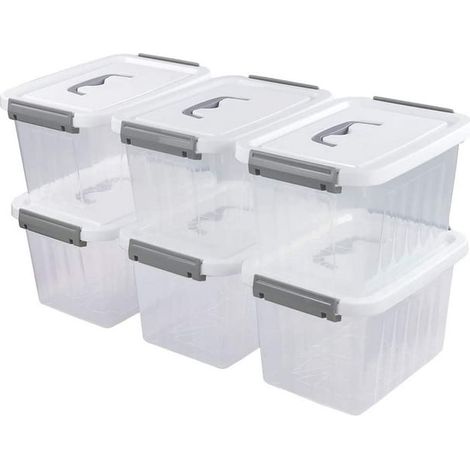 Kleine, durchsichtige Aufbewahrungsbox aus Kunststoff mit weißem Deckel und grauen Griffen, tragbarer Verschlussbehälter, 6er-Pack, durchsichtig und grau (1/5)