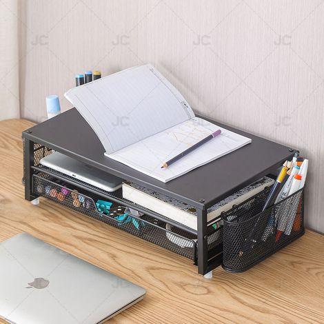Support de Bureau pour Ordinateur Portable, Étagère de Rangement en Métal Noir avec Tiroir et Porte-Stylos, pour Bureau et École (1/3)