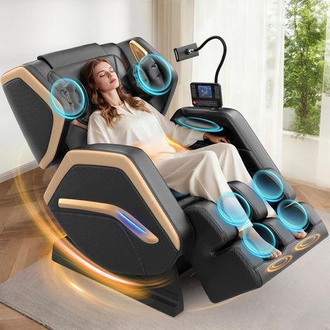 Fauteuil de massage, fauteuil de massage complet, 14 rouleaux de massage, massage des pieds, 8 coussins gonflables, haut-parleurs Bluetooth, écran tactile, noir