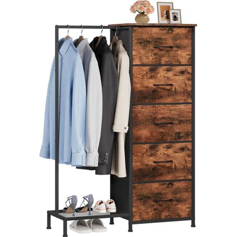 Kommode mit Kleiderstange und 5 Stoffschubladen, Holzoptik (1/5)