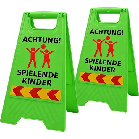 Lot de 2 panneaux « Achtung Kinder » - Avec bandes réfléchissantes - Pliables - Pour les rues de jeux, les chemins scolaires, la zone résidente, la maternelle et l'aire de jeux (1/5)