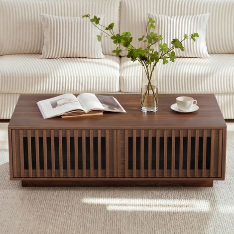 DESMIU Table basse rectangulaire 2 portes et 2 niches, avec étagère centrale, pour salon, en MDF, couleur noyer, 100 × 50 × 35 cm (1/5)