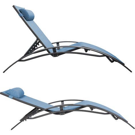 Happy Garden – Lot de 2 transats GALAPAGOS en textilène bleu gris – Structure aluminium gris anthracite – Dossier inclinable 5 niveaux – Confort optimal