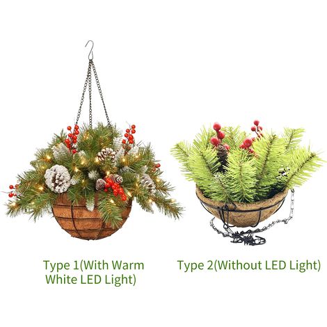 Künstlicher Weihnachtskorb mit Tannenzapfen und Beeren, hängender Weihnachtsbaumkorb aus Eisen, DIY-Bastelidee (1/2)