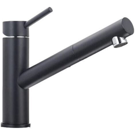 Robinet de cuisine noir avec douchette, mitigeur evier extractible rotatif à 360°, robinettrie chaude et froide réglable en acier inoxydable (1/4)