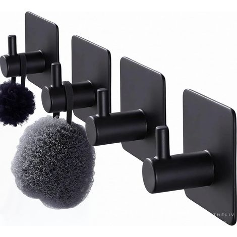 Lot de 4 crochets muraux adhésifs en métal noir satiné, en aluminium inoxydable, adhésif étanche 3M. (1/5)