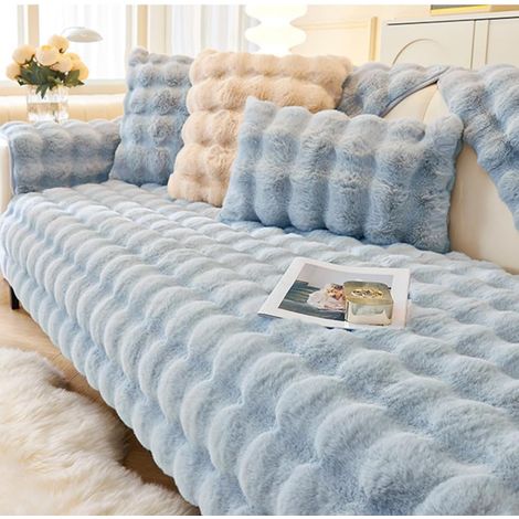 JSSEVN - Thick plush rabbit sofa covers, non-slip sofa covers, protective furniture covers for sofas (Blue, 70 x 180 cm) (1/4)